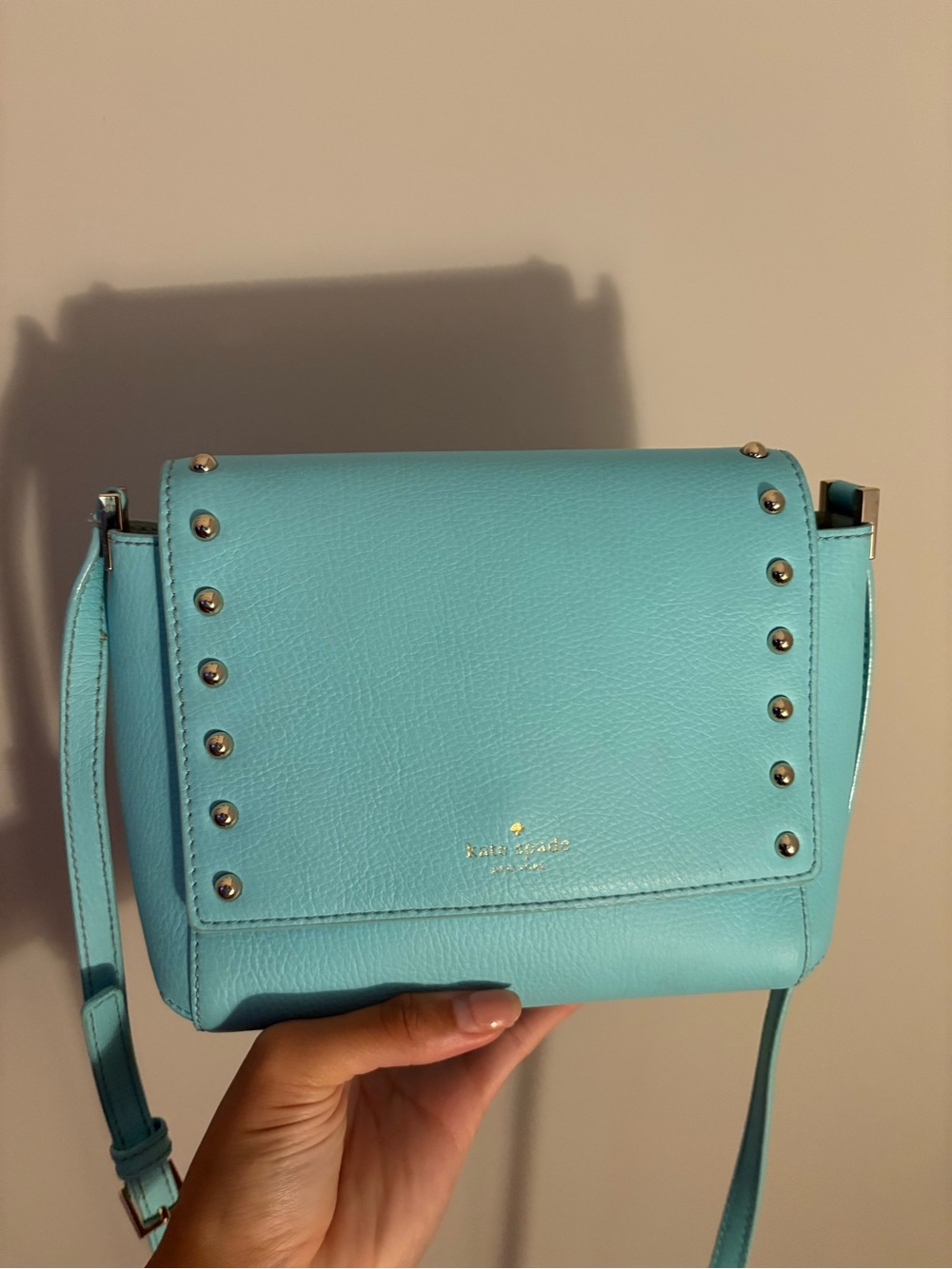 kate spade aqua leather studded flap crossbody with gold accents - Picture 3 of 4